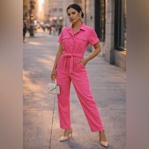 NWOT hot pink stretch denim utility jumpsuit